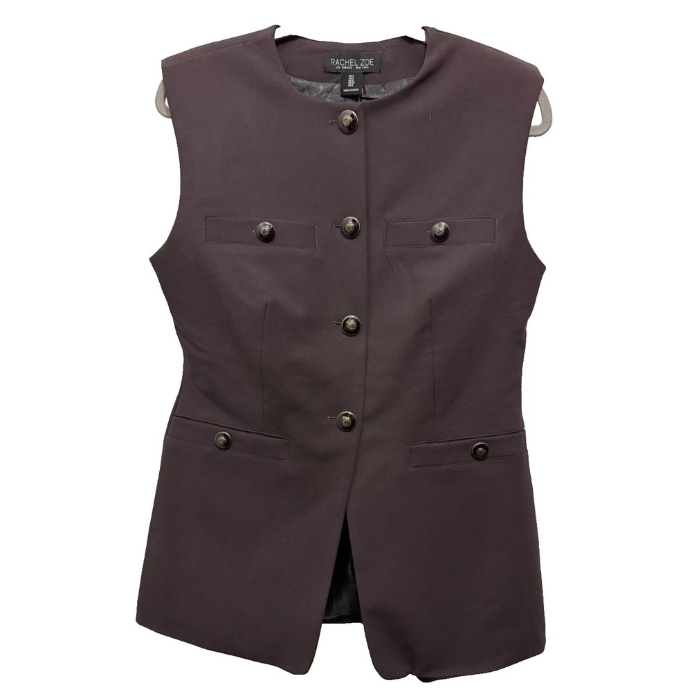 Rachel Zoe Brown Long Vest Size 4 NWT High Neck Lined Padded Shoulder Chic Style